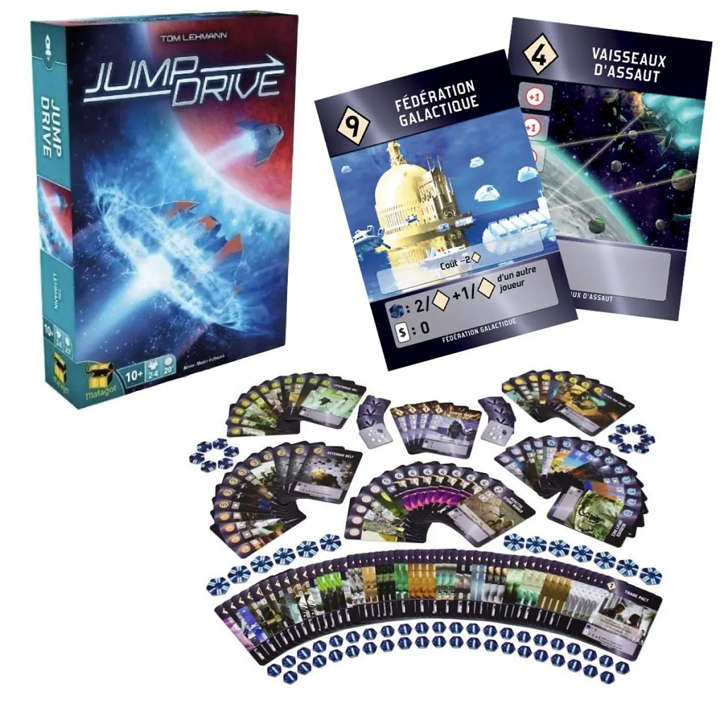 Cartes Jump Drive étalée, montrant des illustrations futuristes de vaisseaux et des planètes Cartes Jump Drive étalée, montrant des illustrations futuristes de vaisseaux et des planètes